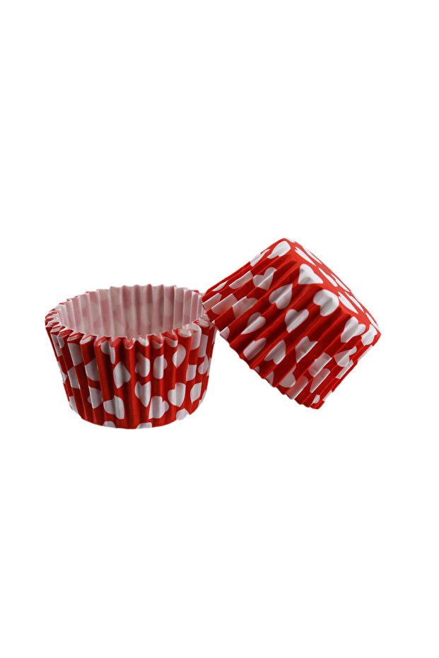 Cupcake Mold, PET Capsule Cake Mold, 48x34 mm (100 Pieces), Red and White Heart Patterned