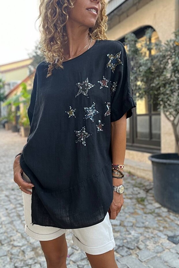 Women's Black Washed Linen Leaf Sequin Loose Blouse GK-RSD2022