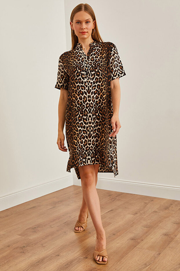 Women's Leopard Black Judge Collar Button Detailed Mini Woven Dress Elb-19002224