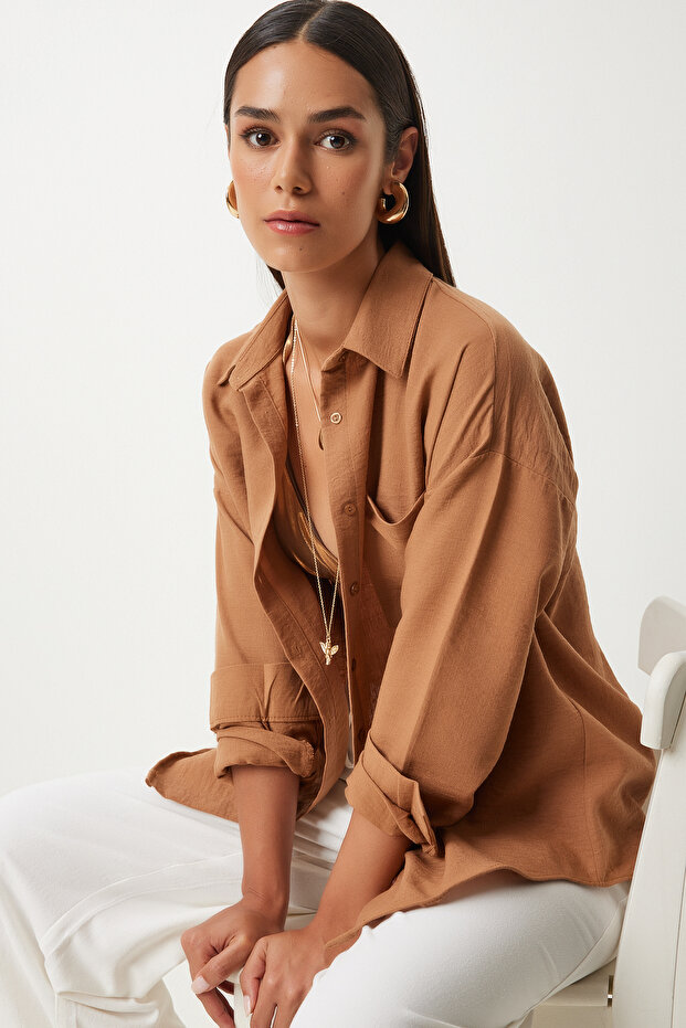 Women's Tan Oversize Linen Ayrobin Shirt Dd01222