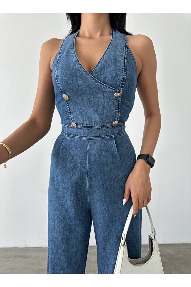 Denim Gold Jumpsuit - Button Detailed