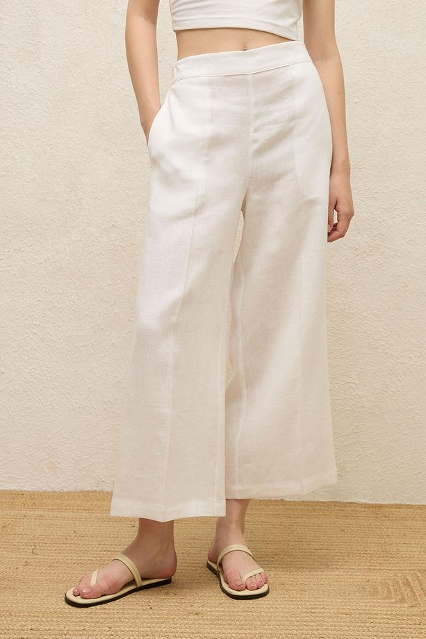 ÜTÜ İZLİ KETEN PANTOLON EKRU - 6