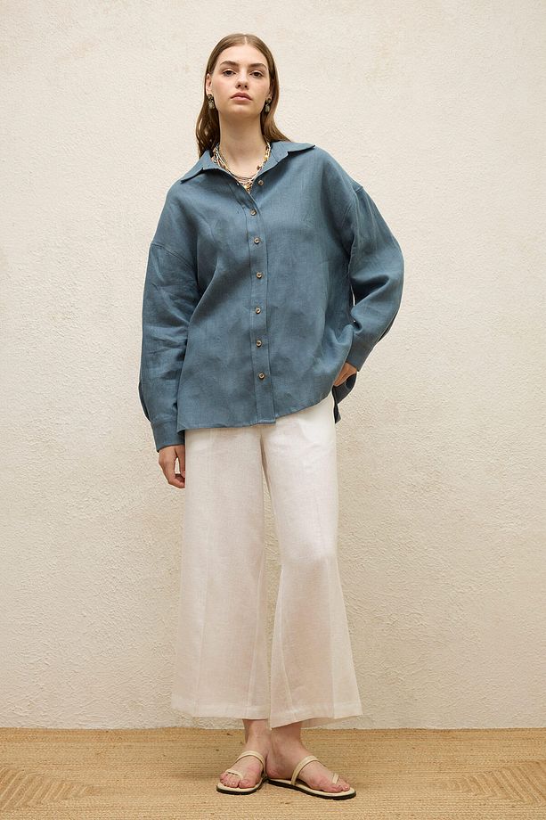ÜTÜ İZLİ KETEN PANTOLON EKRU - 3