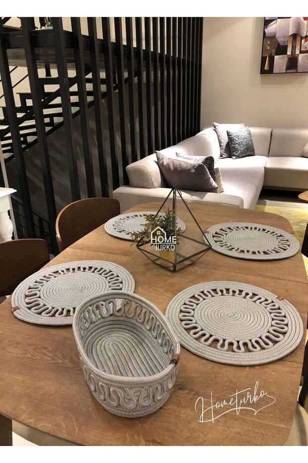 Natural, Jute, Wicker, Plate, Basket, Bread Basket, American Service Set, 4 Plate, 1 Basket