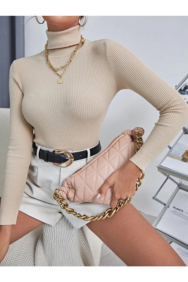 Sand Beige Cotton Turtleneck Camisole Ribbed Slimfit Turtleneck Sweater