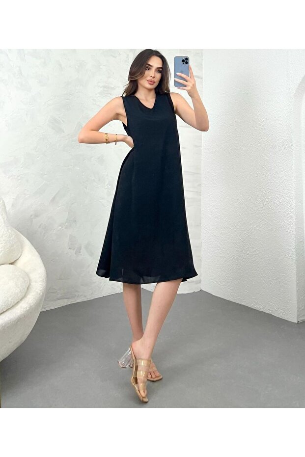 V-Neck Zero Sleeve Black Midi Dress - Ayrobin 5964