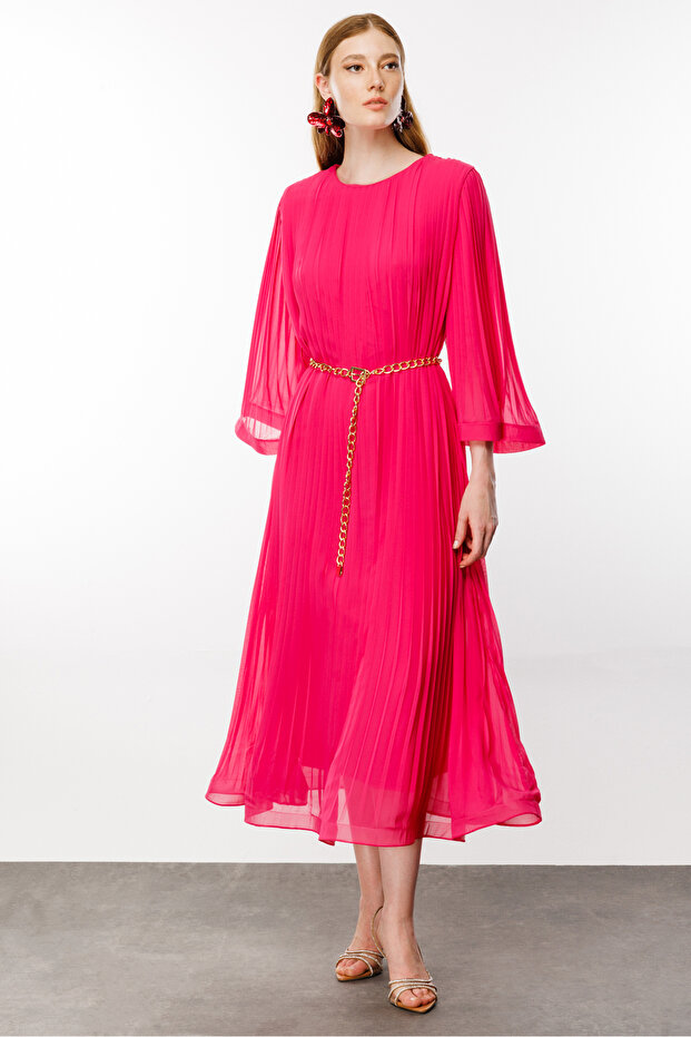 Piliseli Grenli Zincir Kemerli Elbise - 1