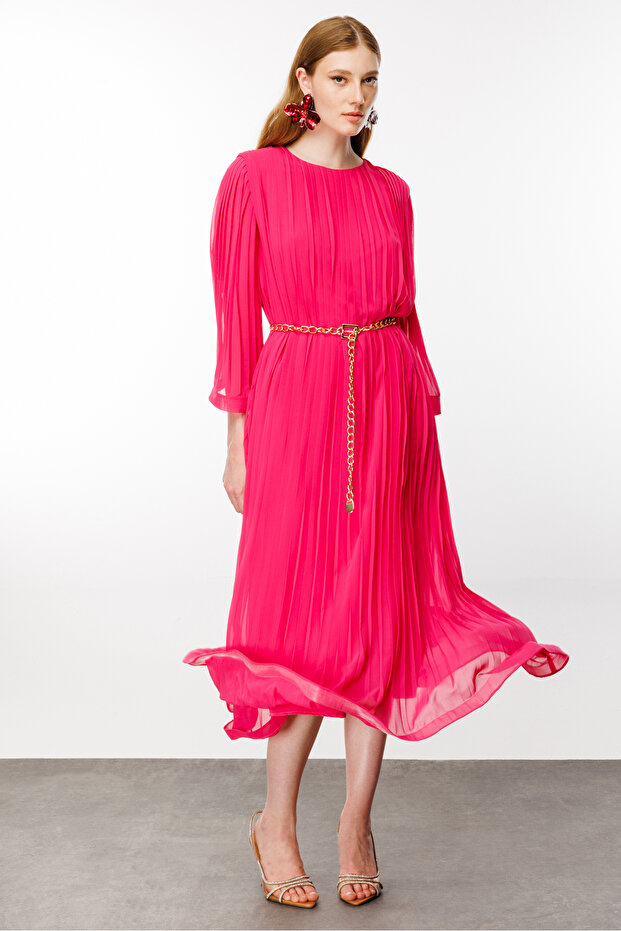 Piliseli Grenli Zincir Kemerli Elbise - 4