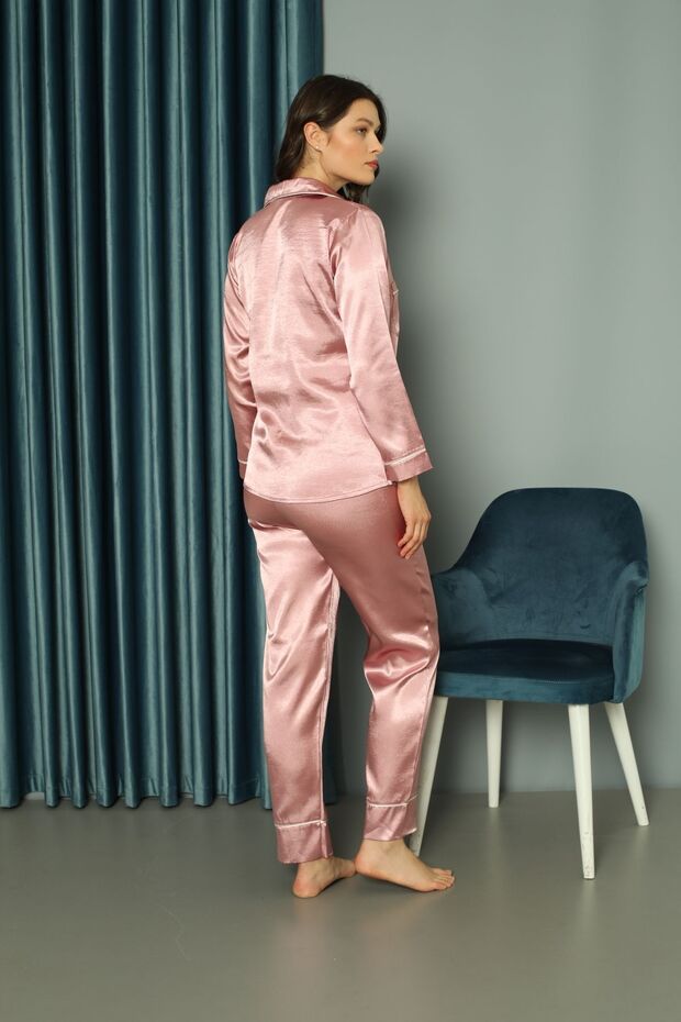 Tek Renk Saten Pijama Takımı / Önü Düğmeli Üst ve Alt Pijama - 4