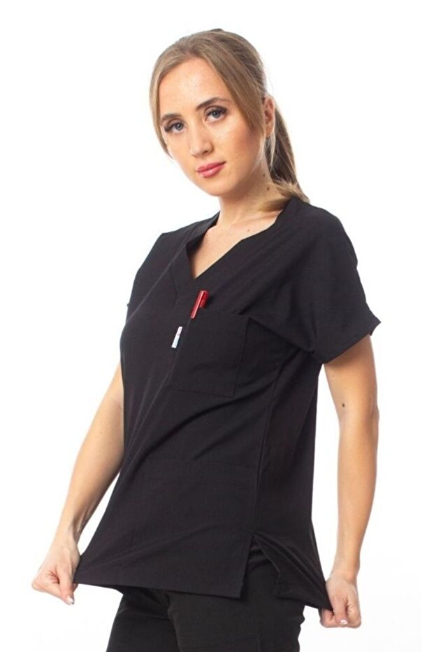 Black Premium Fabric Lycra Surgical Doctor Nurse Scrubs Jersey Single Top