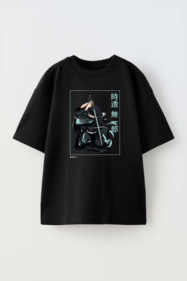 Unisex Muichiro Tokito Design Printed Cotton Black Oversize T-Shirt