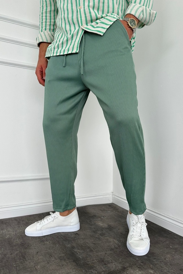Men's - New Season Ribbed Green Jogger with Boyfriend Fit and Elastic Waist