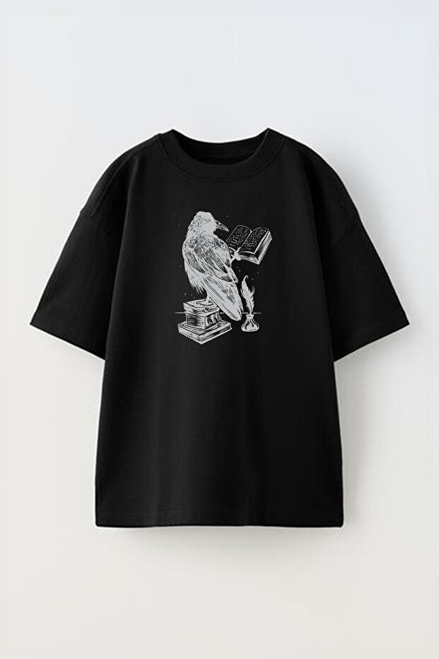 Unisex Crow Reading a Book Design Printed Cotton Black Oversize T-Shirt