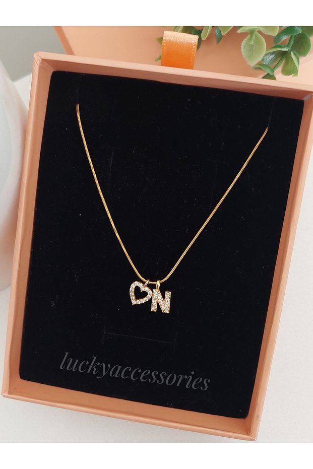 Steel Zircon Stone Letter and Heart Necklace Letter N