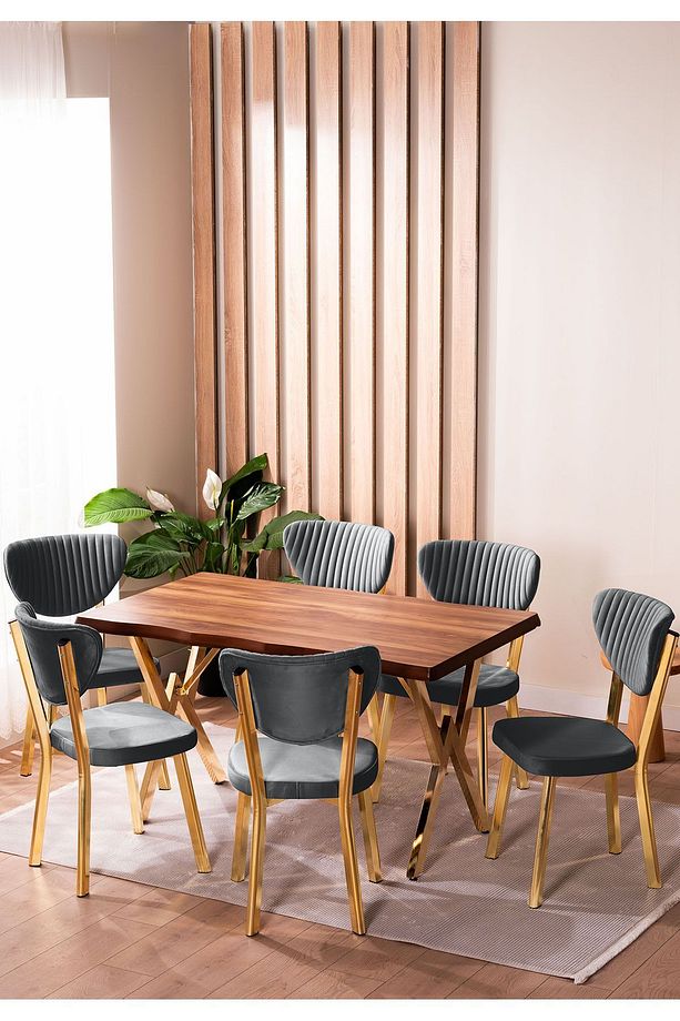 Kütük Desenli MDF Gold Elma Mutfak Masa Takımı 6 Sandalyeli Salon Yemek Masa Takımı - 1