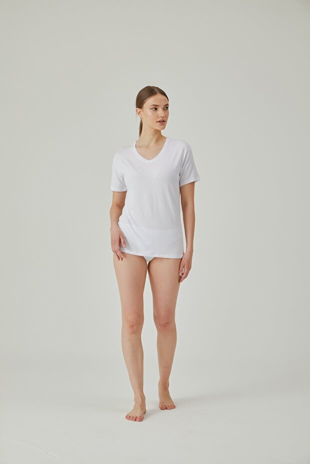 White V Neck Regular Fit Women's Premium Undershirt Short Sleeve