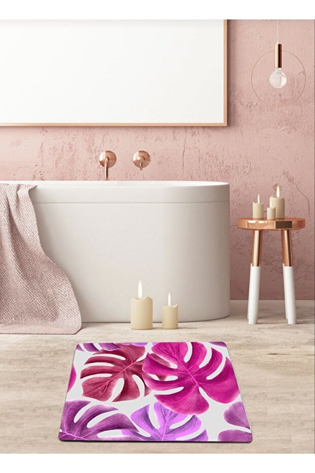 Pink Flower Patterned 40 Cm X 60 Cm Non-Slip, Non-Spill, Washable Cotton Woven Base Bath Mat