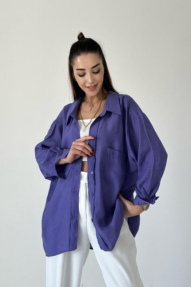 Kadın Oversize Marc Premium Tek Cepli Salaş Gömlek - 6
