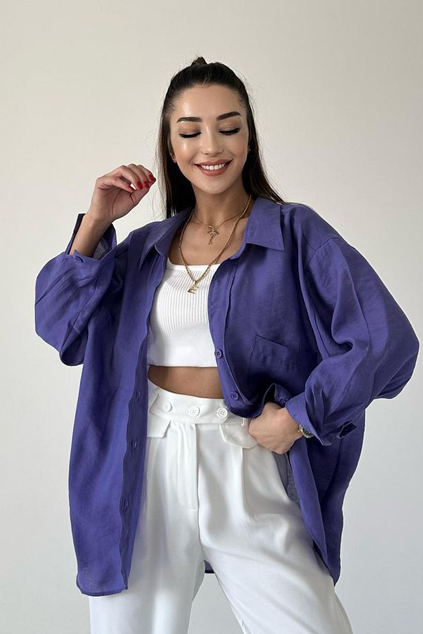 Kadın Oversize Marc Premium Tek Cepli Salaş Gömlek - 1