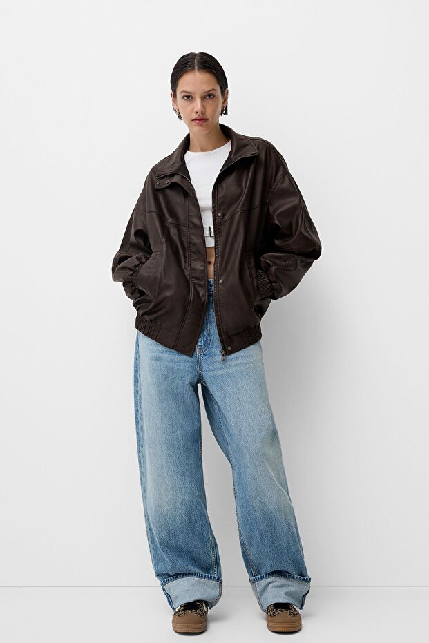 سترة جلدية صناعية كبيرة الحجم - 5