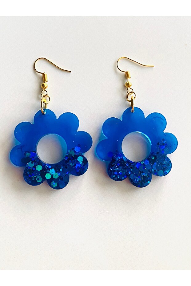 EARRINGS - TRANSPARENT BLUE Glittery FLOWER EARRINGS