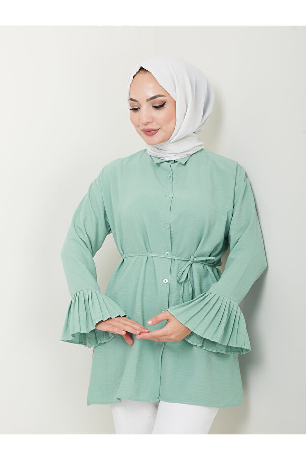 Pleated Sleeve Shirt Collar Hijab Tunic