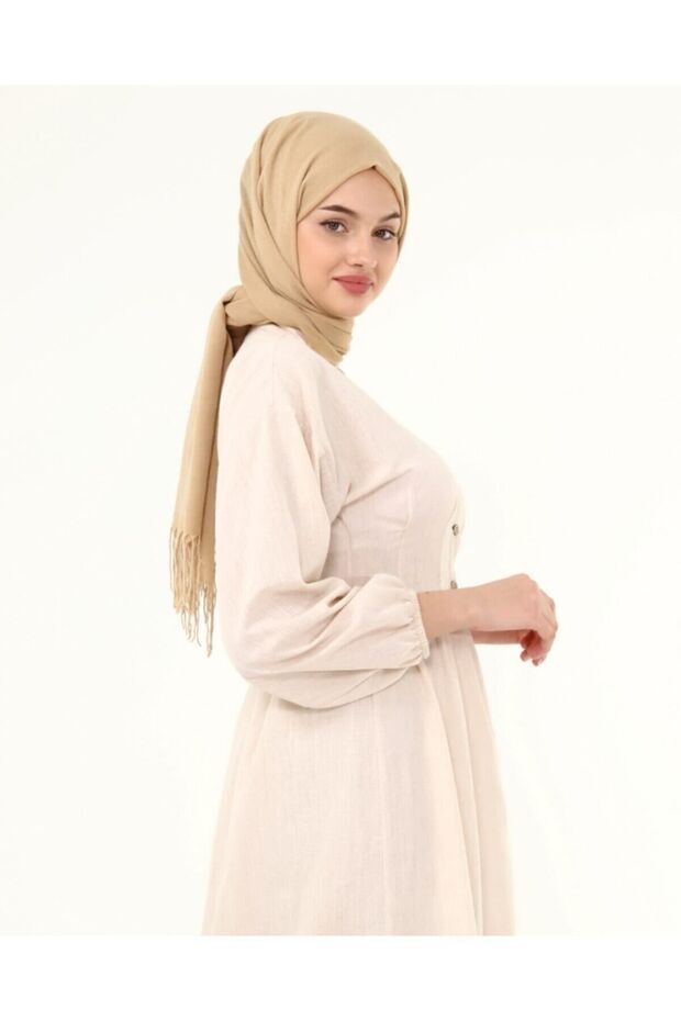 Beige Judge Neck Balloon Sleeve Button up Hijab Dress