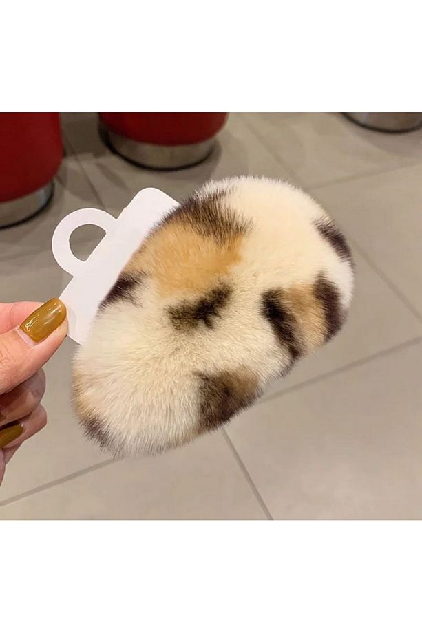 Büyük boy peluş tüylü leopar desenli çıtçıtlı toka - 1