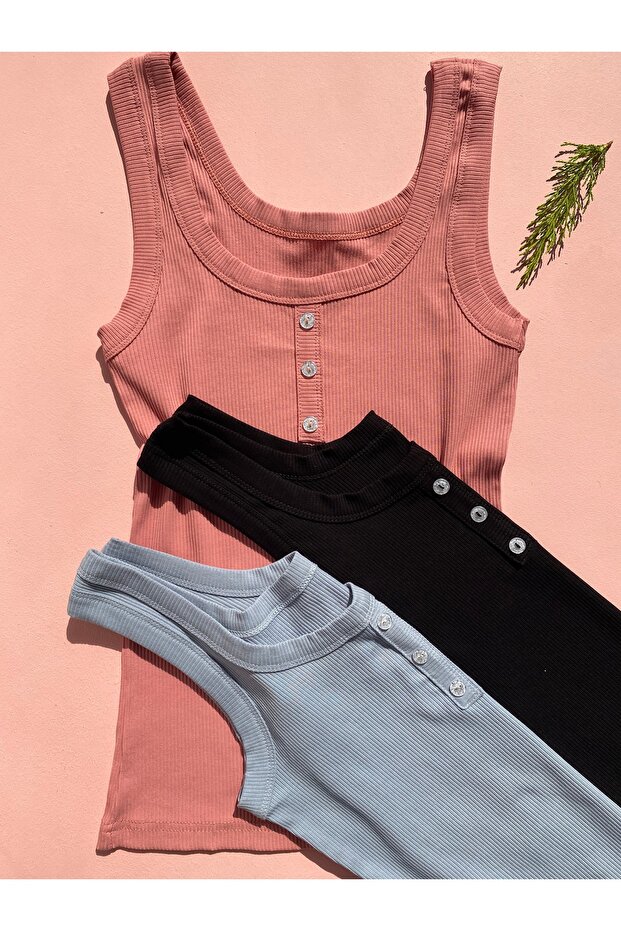 Women's Ribbed Cotton Fabric Thick Strap Basic Undershirt with Button Detail, 3-Piece Set in Blue, Black, and Dusty Rose Colors