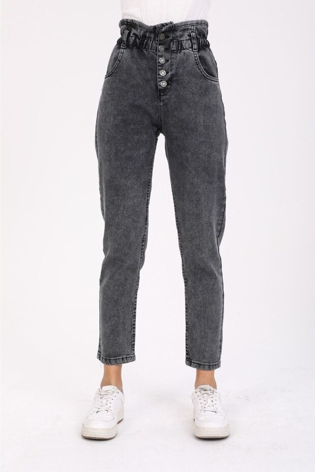 Anthracite High Waist Lycra Belt Drawstring Button Detailed Mom Jean Jeans