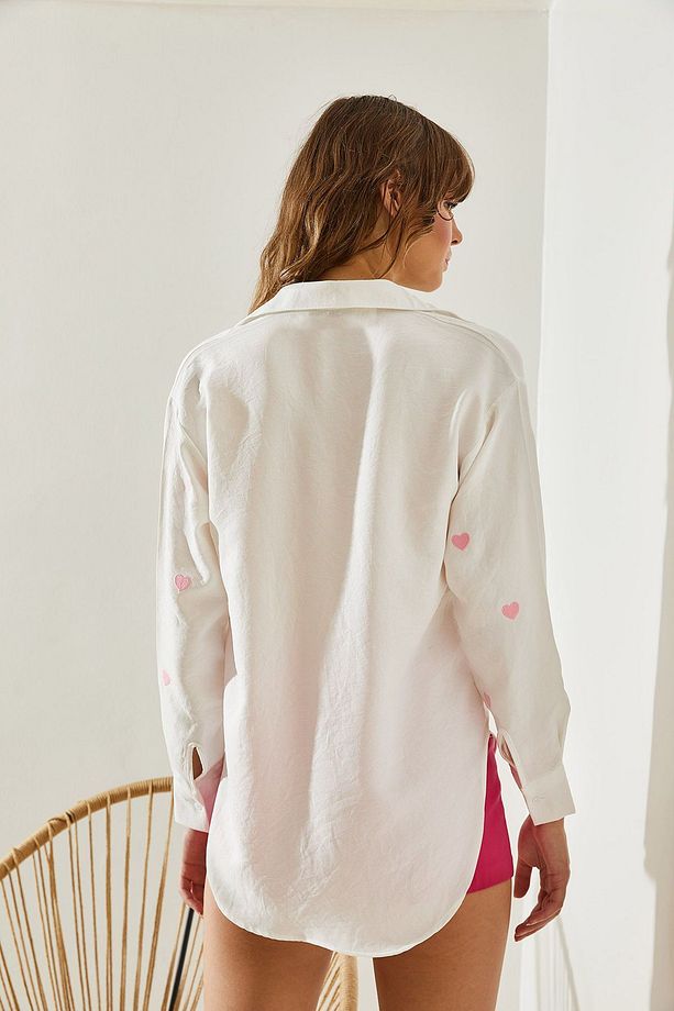 Kadın Nakış Kalp İşlemeli Oversize Gömlek 60251090 - 6
