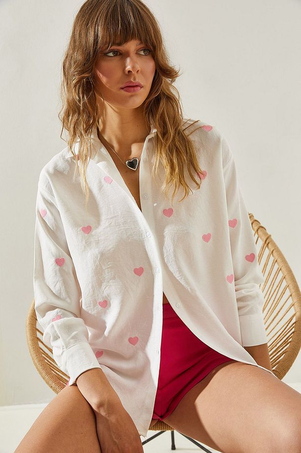 Kadın Nakış Kalp İşlemeli Oversize Gömlek 60251090 - 3