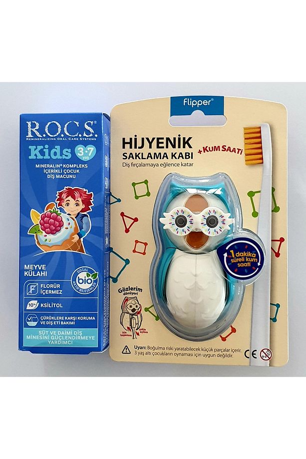 R.O.C.S 3-7 Yaş Meyve Külahı Diş Macunu ve Mavi Baykuş Flipper Saklama Kabı - 1