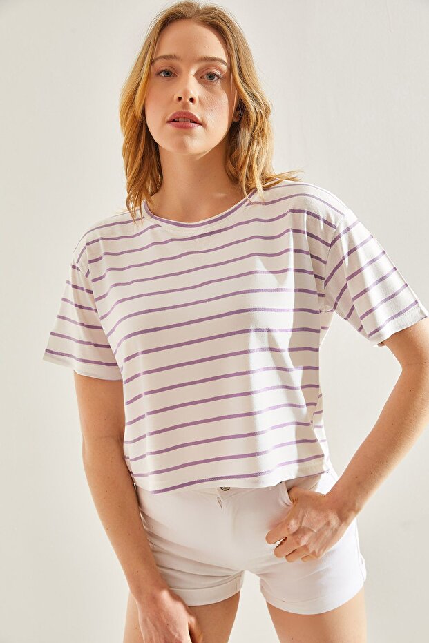 Women's Lilac Crew Neck Striped T-Shirt 60241002