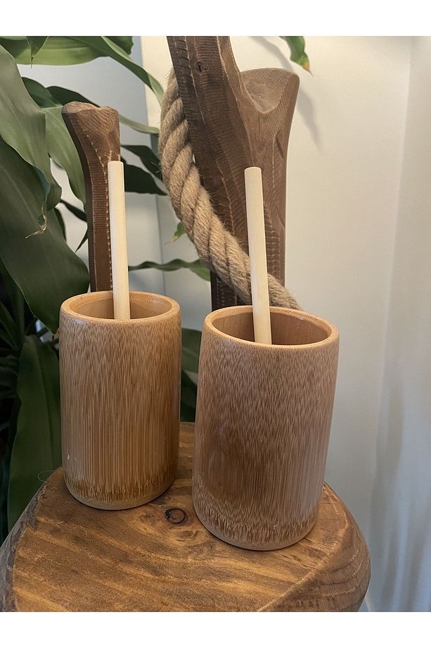 2 Adet Bambu Bardak, 2 Adet Bambu Pipet Ve 1 Adet Bambu Pipet Temizleme Fırçası Set - 5