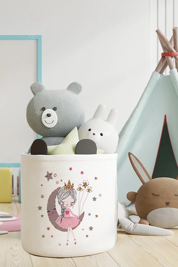 Girl Sitting on the Moon Patterned Kids and Baby Room Organizer Toy or Dirty Laundry Basket Tlas-085