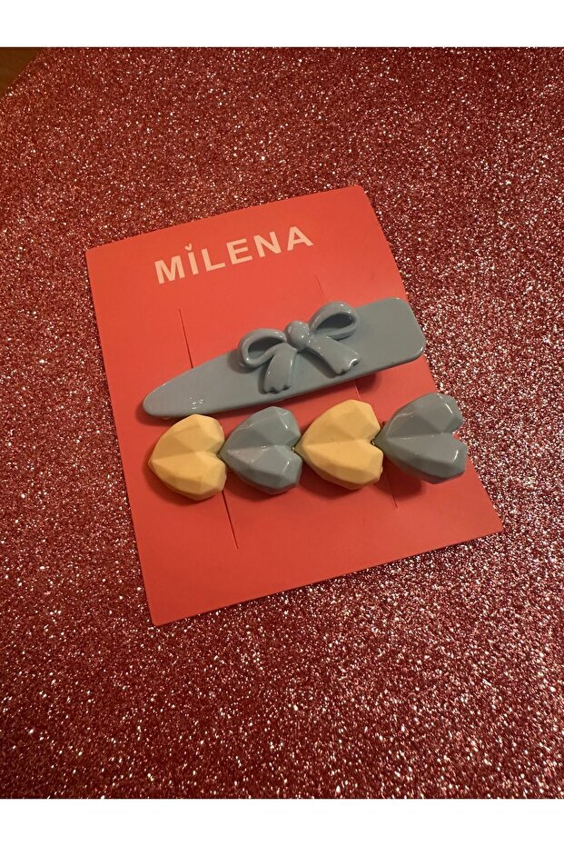 Milena Istanbul Bow and Heart Shaped Double Hair Clip Set - Blue