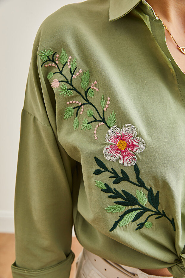 Women's Violet Mildew Green Embroidery Detailed Oversize Woven Shirt Gml- 19001228