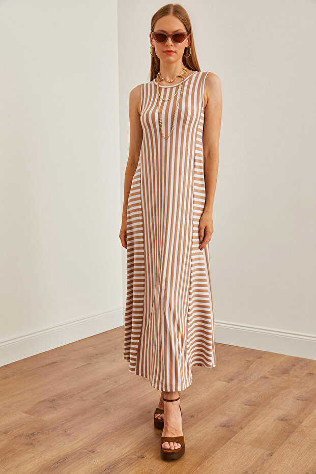 Women's Beige Striped Long Loose Dress Elb- 19001075