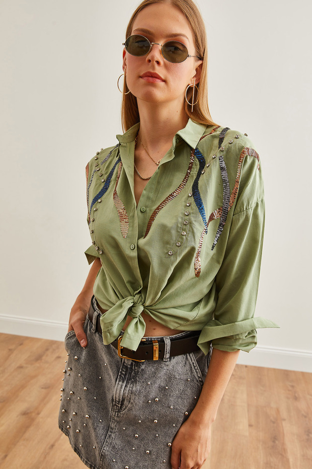 Women's Water Mold Green Palm Sequin Detailed Woven Shirt Gml- 19001225