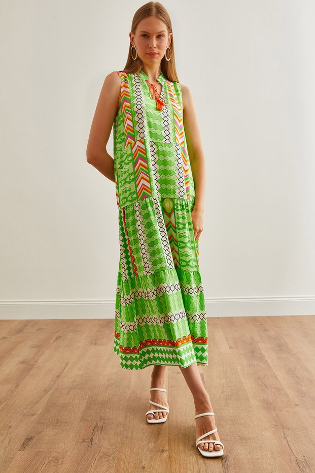 Women's Pistachio Green Prevailing Collar Lacing Detail Maxi Woven Dress Elb- 19002217
