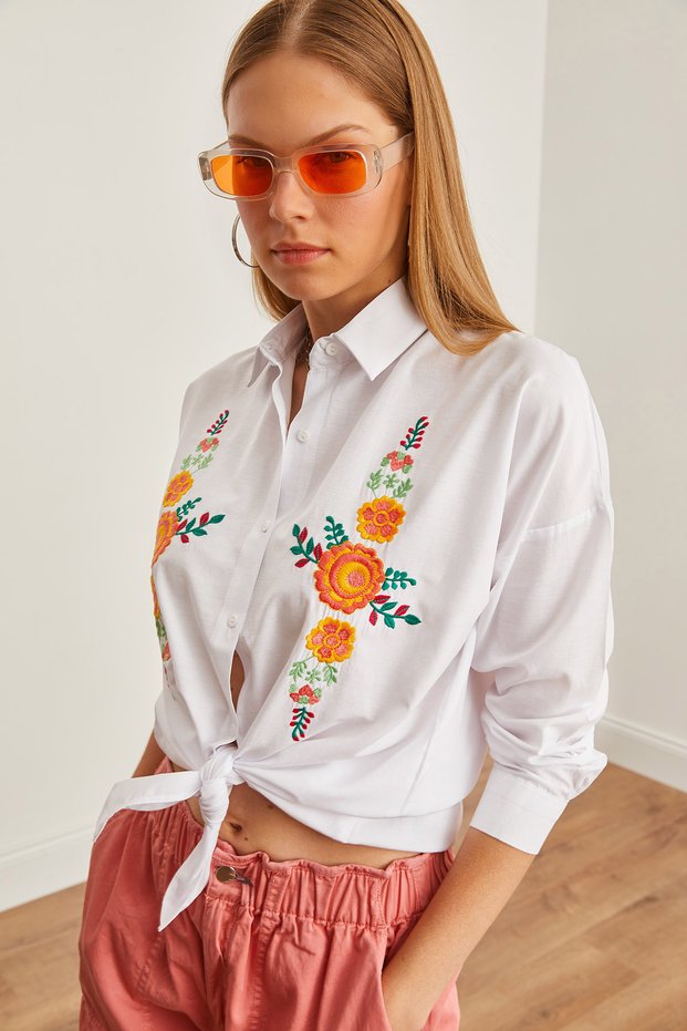 Women's Orange Floral White Embroidery Detail Oversize Woven Shirt Gml- 19001228