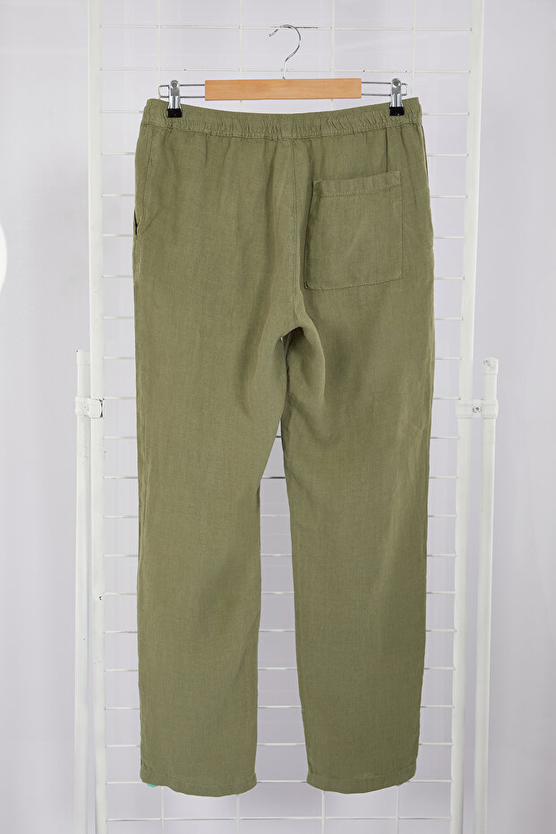 Premium Haki %100 Keten Straight Fit Lastikli Beli Bağlamalı Pantolon TMNSS24PL00018 - 7