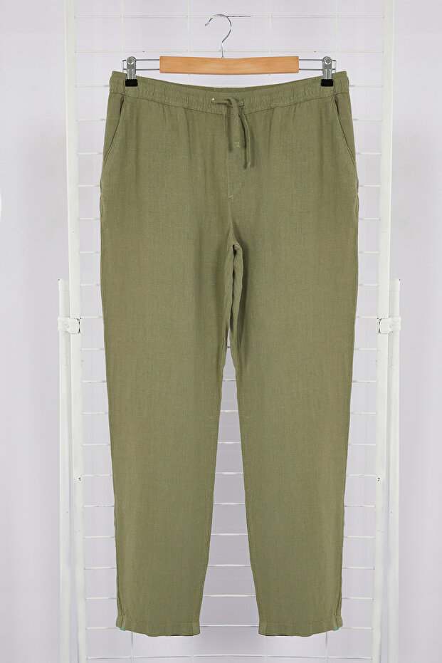 Premium Haki %100 Keten Straight Fit Lastikli Beli Bağlamalı Pantolon TMNSS24PL00018 - 6