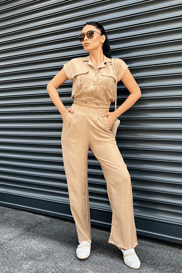 Linen Fabric Cropped Pants Set - BROWN
