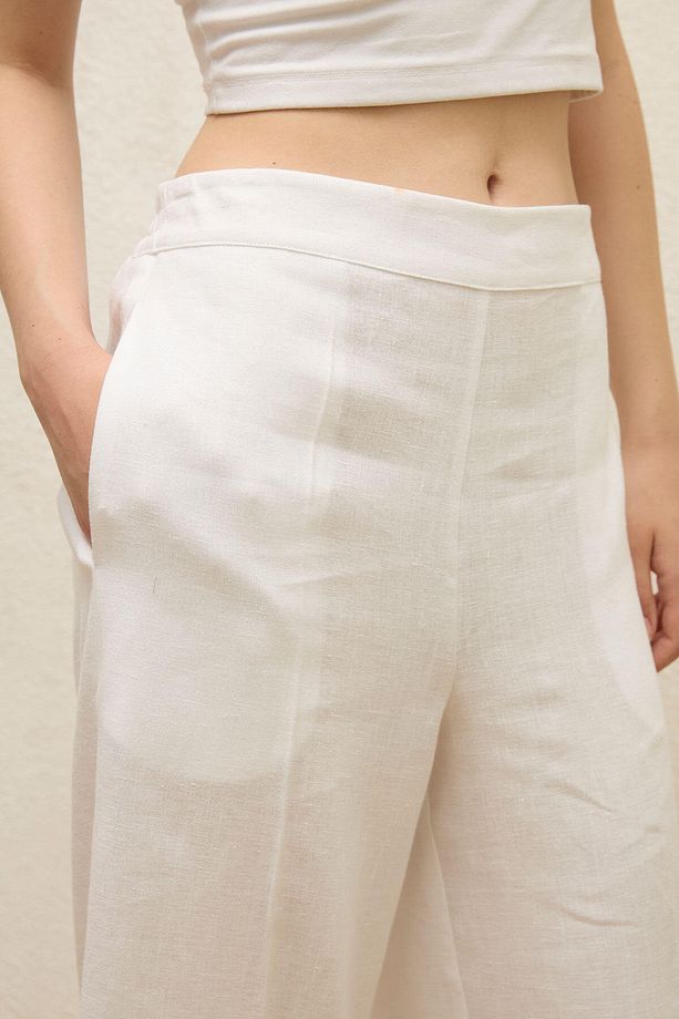 ÜTÜ İZLİ KETEN PANTOLON EKRU - 7