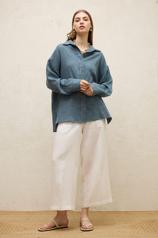 ÜTÜ İZLİ KETEN PANTOLON EKRU - 4