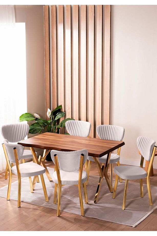 Kütük Desenli MDF Gold Elma Mutfak Masa Takımı 6 Sandalyeli Salon Yemek Masa Takımı - 1