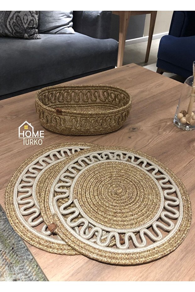 Natural, Jute, Wicker, Plate, Basket, Bread Basket, American Service Set, 2 Plates, 1 Basket