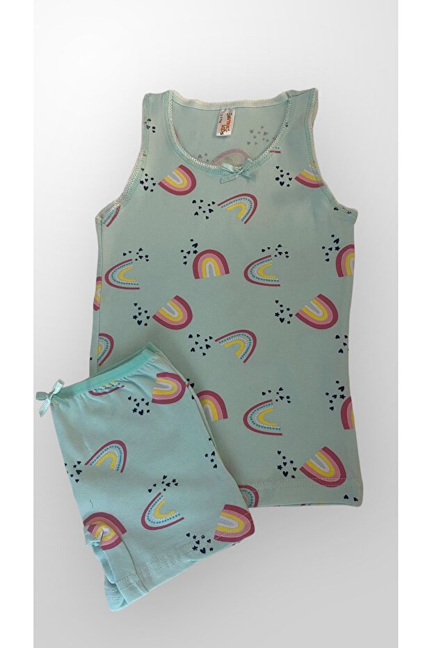 Girl's Green Cotton Rainbow Patterned Athlete Boxer Set
